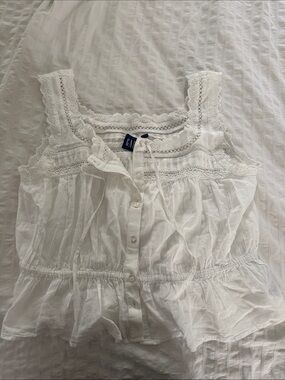 GAP White Cotton Eyelette Trim Button Front Tank
